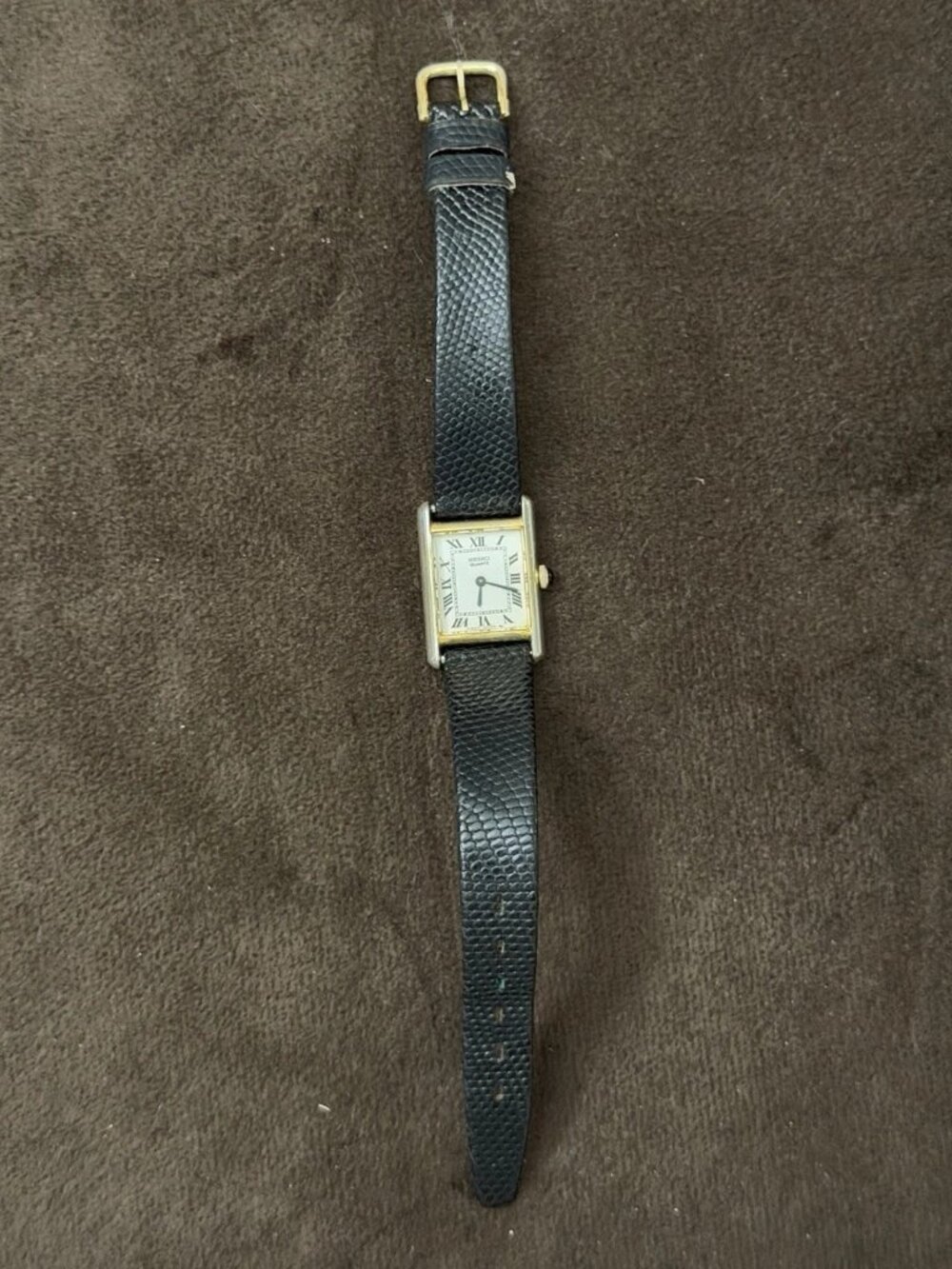 Seiko Quartz Women's Rectangular Analog Watch Roman Dial Black Leather Strap
